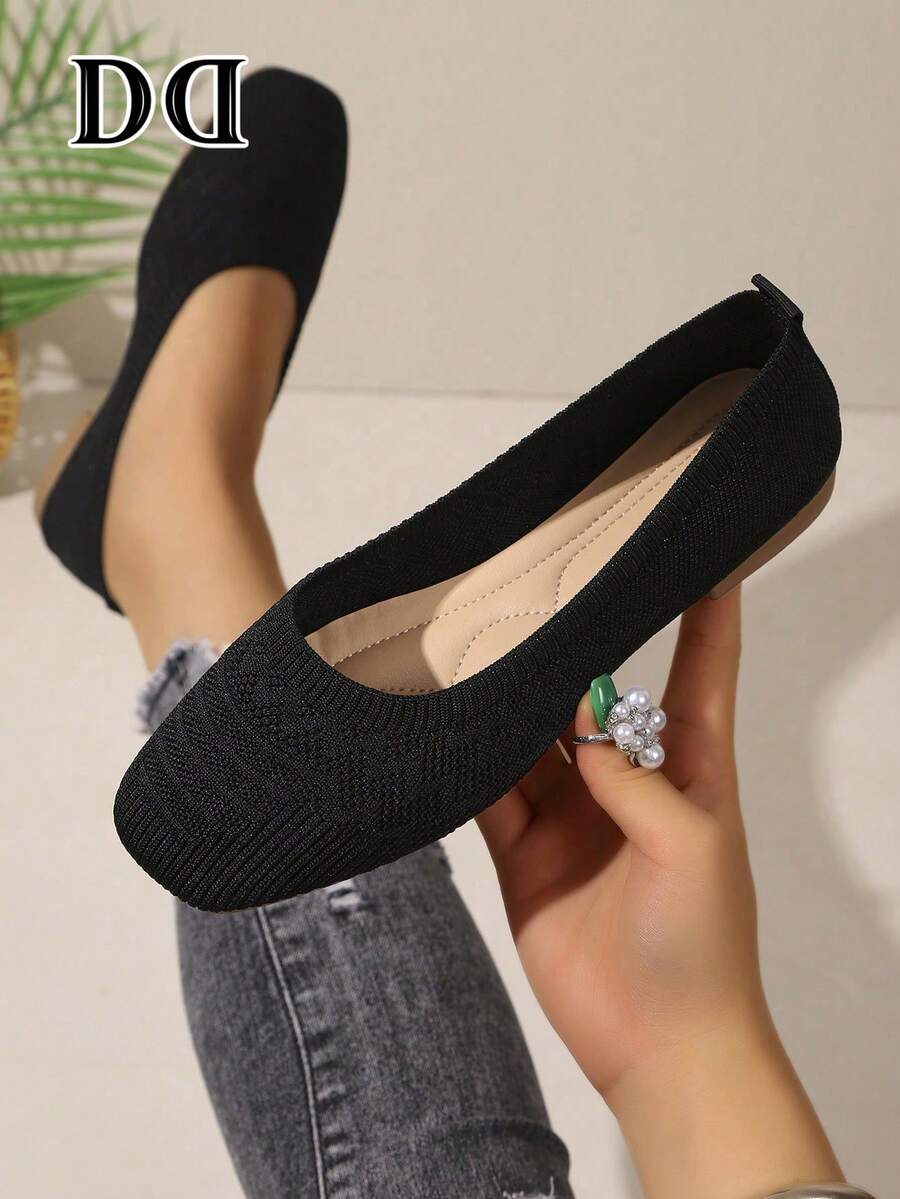 Meng Jie Women's Solid Color Knit Flat Shoes, Square Toe Slip-On Breathable Knit Flats, Daily Walking & Office Shoes - Black - View 1