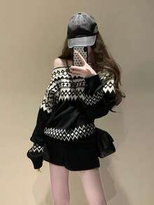 Sweater Rajut Jacquard Blok Warna Gaya Klasik Bahan Kasa Lembut Potongan Acak - Hitam - View 5