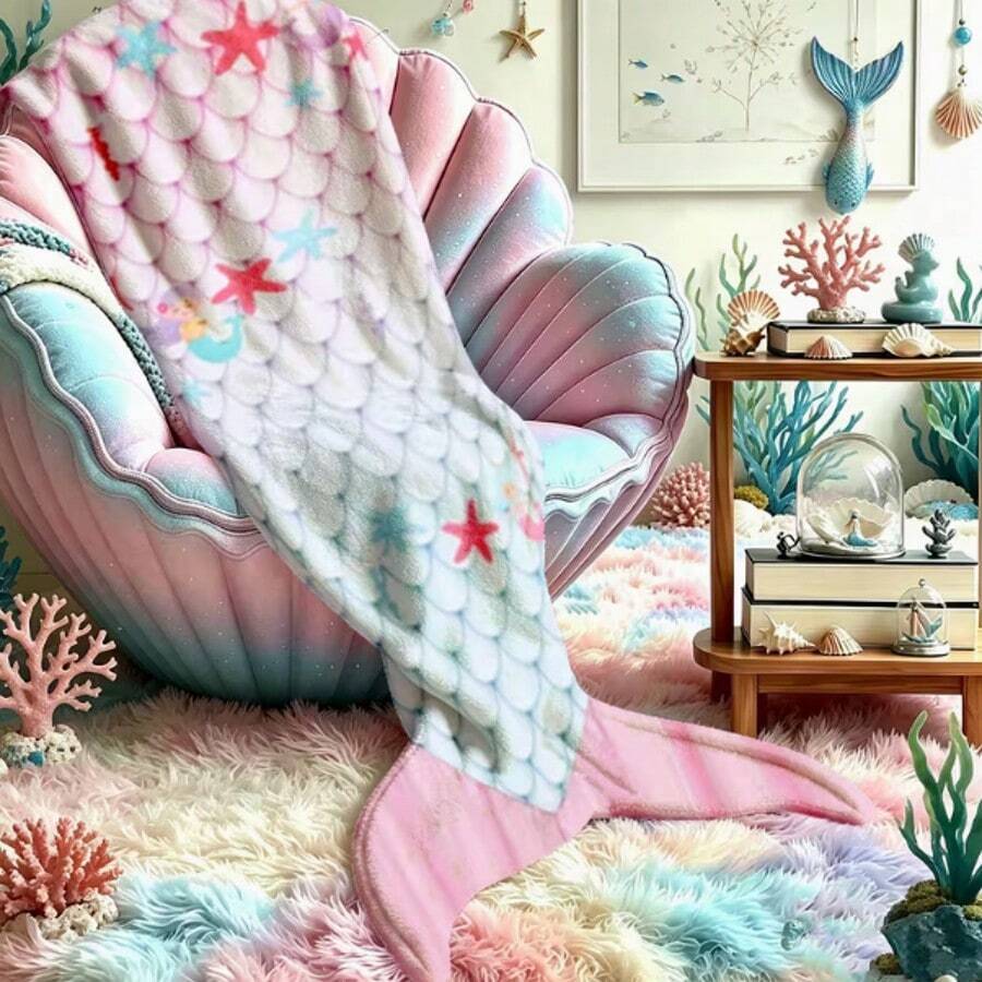粉色與白色海星美人魚尾可穿戴法蘭絨毯,海洋元素印花披毯,居家沙發休閒保暖毯 - 彩色 - 查看 1