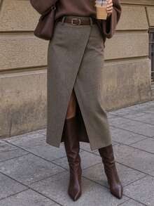 EARO Women's Grey Brown Wool Asymmetrical Slit High Waist Bodycon Skirt, Slimming Hip-Flattering Design, Fashionable Versatile Autumn/Winter Style - Ash Brown - View 2