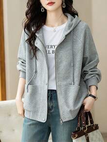 Women's Solid Color Casual Versatile Everyday Hooded Top - Light Grey - View 8