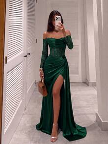 ADYCE Elegant Cold Shoulder Long Sleeve Cinched Waist Backless Fitted Lace High Slit Corset Ball Gown, Suitable For Homecoming, Wedding Guest, Formal Evening Party - Dark Green - View 3