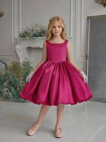 Young Girls Faux Pearl Satin Bow Elegant Princess Flower Girl Dress Suitable For Party, Graduation Ball, Evening Gala, Formal Occasions, Birthday Party, Holiday Celebration, Flower Girl Wedding Dress - Hot Pink - View 8