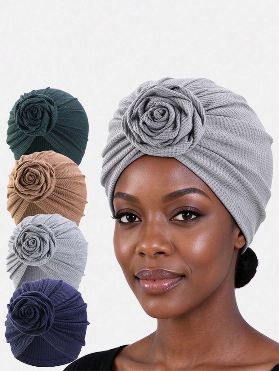 1PC Women's Waffle Rose Flower Headscarf Hat, Suitable For Daily Use - Multicolor - View 1