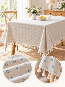 Cute Mini Floral Print Tassel Tablecloth, Rectangular Farmhouse Style Tablecloth, Aesthetic Home Dining Table Decor, Multi-Functional Tablecloth For Indoor Dinner Parties, Multiple Colors Available - Blue Daisy - View 4