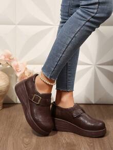 Women's Leather Thick Sole Wedge Heel Loafers With Metal Square Buckle Decor, Round Toe Comfortable Slip-On Casual Shoes For Home Wear - Brown - View 5