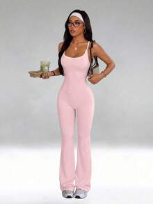 FWH Cross Strap Tummy Control & Bust Lift Design | Flared Hem Butt Lift & Leg Lengthening Effect, Women's Summer Sports Cross One-Piece Jumpsuit - Pink - View 1