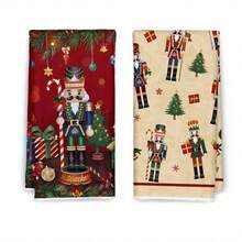 2PCS Kitchen Hand Towels With Soldier And Christmas Tree Patterns, Decorated With Balls. Durable Indoor And Outdoor Decorative Towels, Suitable For Kitchen, Furniture, Christmas Party Decoration, Holiday Themes, And Home Decor. - Red - View 7