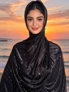1pc Women's Solid Color Rhinestone Scarf, New Fashion Elegant Hijab, Soft Lightweight Shawl - Black - View 3