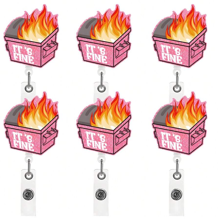 6pcs Pink And Blue Badge Reel It's Fine Funny Dumpster Fire Retractable Glitter Badge Reel Gift - 6 Pieces Blue - View 1