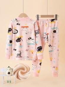 女童粉色動物卡通印花抓絨內裡保暖內衣家居服套裝，秋冬加厚保暖睡衣 - 粉色 - 查看 2
