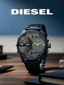 DIESEL DZ7414 Men Bold Oversized Multi-Time Chronograph Wrist Watch, Round Grey Dial, Blue Metal Link Band, Fashion Accessory & Holiday Gift For Male - Black - View 1