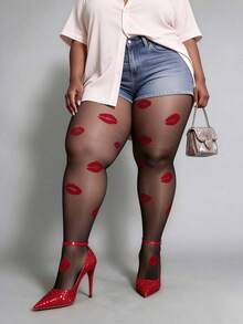 1 Pair Red Lip Print Black Tights, Sexy Lip Pattern Pantyhose, European And American Hot Girl Style - Black - View 6