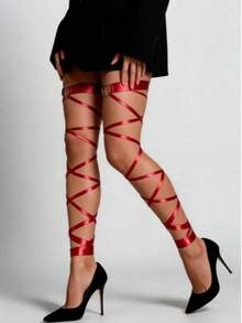 1pc Women's Red Satin Double Leg Wrap Adjustable Decorative Leg Band, Suitable For Daily Wear, Party And Fashion Show - Red - View 11