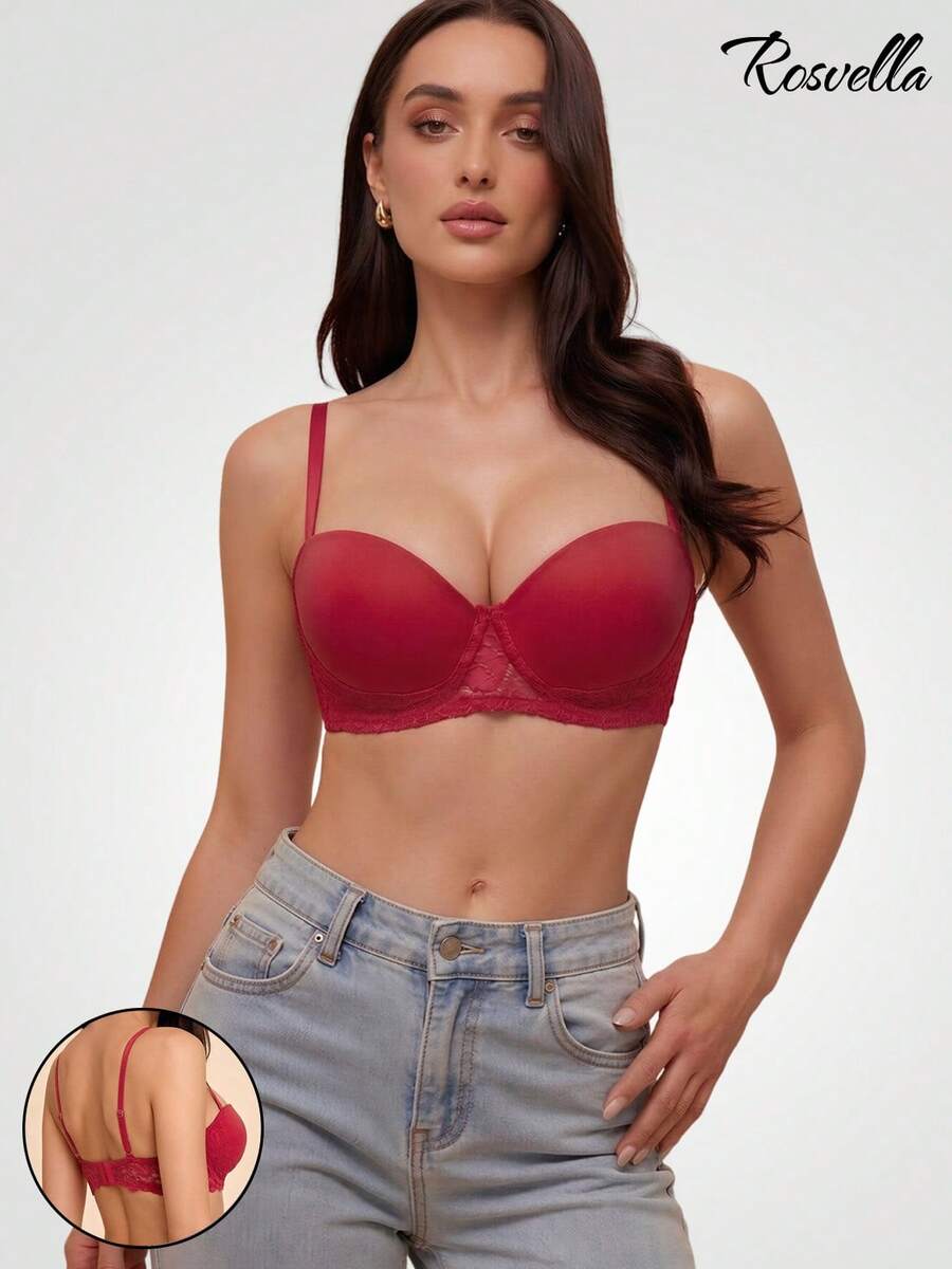 Women's Red Lace Thickened Bra, Criss-Cross Back Design, Hook And Eye Closure, Adjustable Straps, Soft Lingerie