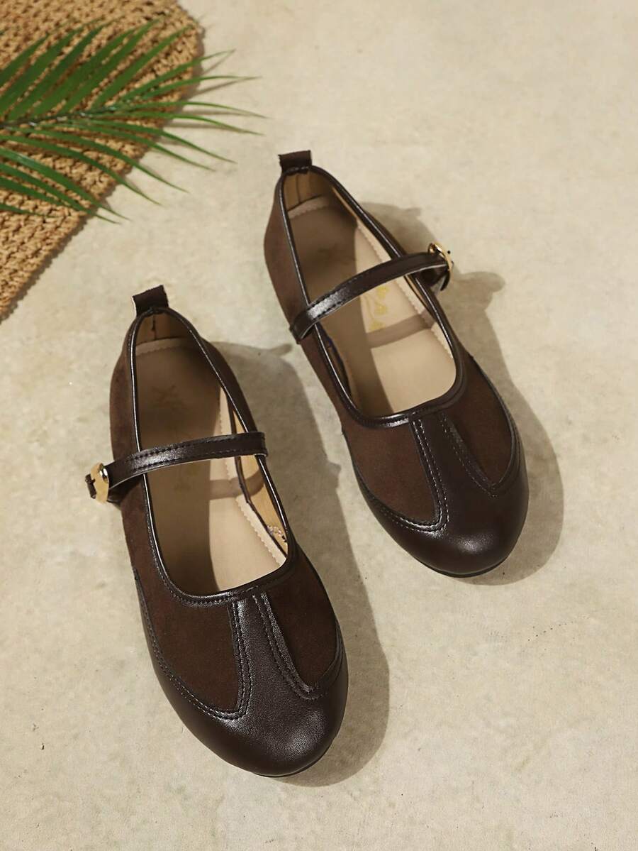 Women's Comfortable Two-Tone Patchwork Buckle Round Toe Flat Mary Jane Shoes, Vintage Daily Style, Suitable For Spring And Autumn, Brown Faux Suede PU Leather Flat Shoes - Rust Brown - View 1