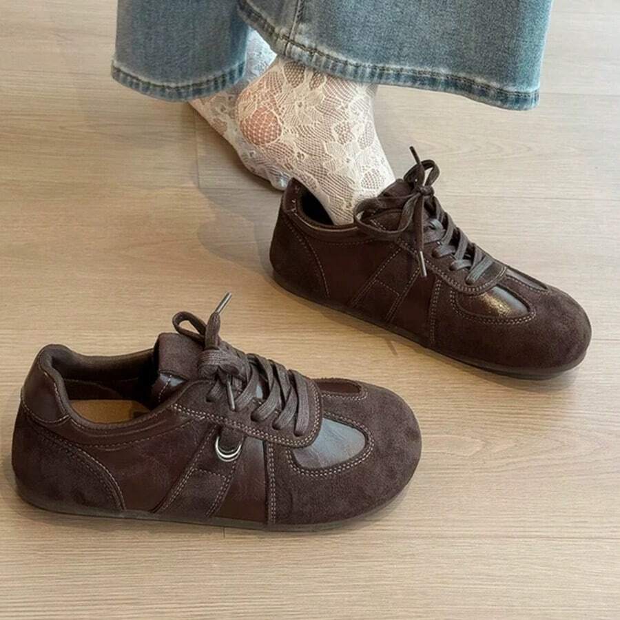 Dark Brown Vintage Patchwork German Army Training Shoes - Camel - View 1
