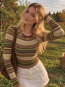 Women's Striped Colorblock Long Sleeve T-Shirt - Brown - View 2