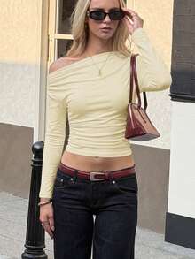 Unadoll Women's Autumn/Winter Asymmetrical Shoulder Long Sleeve Ruched Cropped Top, Slim Fit Basic T-Shirt, Suitable For Back To School, Daily Wear And Outings - Yellow - View 6
