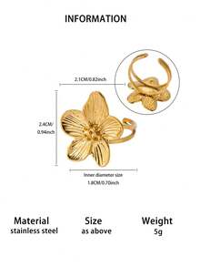 1 Pc Fashion Large Flower Ring For Women Gold Color Stainless Steel Geometric Ring Birthday Party Jewelry Gift - Gold - View 5