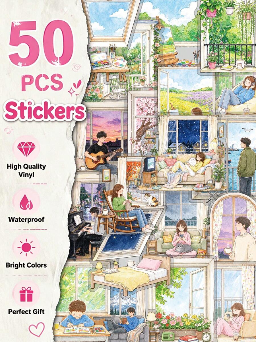 50pcs Sitting Quietly By The Window Stickers PET Material For Adults Teens Sticker Enthusiasts Scrapbooking Journaling Laptops Skateboards Add A Fun Touch To Your Devices! - one-size - View 1