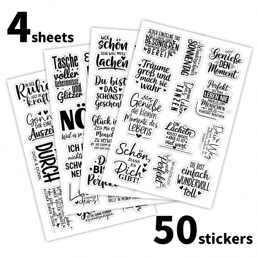 50pcs/4sheets German Motivational Quote Stickers - Clear Inspirational Stickers, Self-Care & Positive Mindfulness Stickers For Journal, Laptop, Water Bottles, Planner & Scrapbooks - one-size - View 1