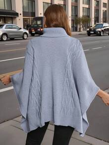 Plus Size Loose Asymmetrical Cut Shawl Collar Knit Pullover Sweater - Dusty Blue - View 5