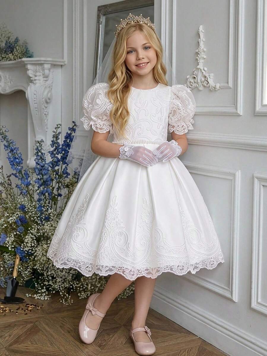 Young Girls Round Neck Faux Pearl Embroidered Mesh Elegant Wedding Princess Dress Suitable For Ball, Birthday Party, Fabric Pattern Random Cut - White - View 1