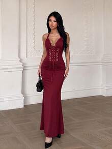 Summer, Elegant Dress, Draped Beach Dress, Suitable For Festivals, Proms, Parties, Birthdays, Halloween, New Year, Christmas - Burgundy - View 3