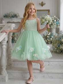 Tween Girls Spaghetti Strap 3D Colorful Floral Beaded Mesh Wedding Flower Girl Dress, Suitable For Graduation Prom, Vacation, Graduation Season, Knee-Length Princess Dress - Green - View 1