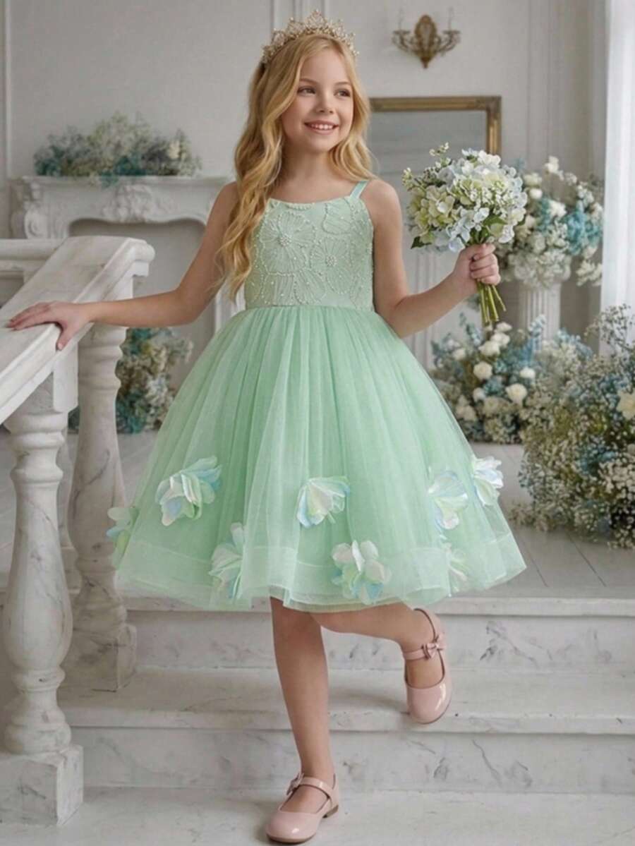 Tween Girls Spaghetti Strap 3D Colorful Floral Beaded Mesh Wedding Flower Girl Dress, Suitable For Graduation Prom, Vacation, Graduation Season, Knee-Length Princess Dress - Green - View 1