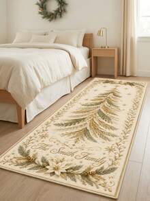 1PC Beige Gold Christmas Tree Pattern Runner Carpet, European Minimalist Holiday Luxury Warm Faux Cashmere Rectangular Machine Washable Long Strip Rug, Suitable For Christmas/Kitchen Hallway Corridor Bedside Mat/Winter Holiday Decor Mat, Christmas Home Decoration - Multicolor - View 2