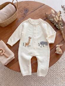 Unisex Baby Knitted Romper, Off-White Minimalist Round Neck Animal Embroidery Full Snap Crotch Soft Knitted Long Sleeve Crawler Outfit - Apricot - View 1