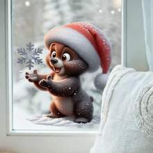 1/2件裝聖誕靜電窗貼，雙面可見印刷，聖誕可愛驢子浣熊聖誕帽雪花圖案，可移除PVC窗貼，適用於室內窗戶，居家聖誕裝飾 - 彩色 - 查看 4