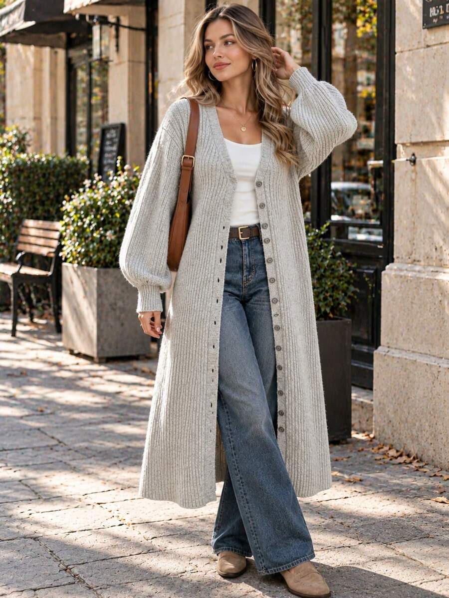 Women's Long Knitted Cardigan Sweater, Fashion V-Neck Long Sleeve Ribbed Long Coat, Suitable For Autumn/Winter Wear