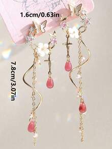 2pcs Lightweight Luxury Spring/Summer Colorful Tassel Butterfly Print Earrings, Suitable For Women Daily, Vacation, Party, Gathering - Multicolor - View 6
