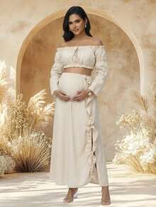 JustVH Maternity 2-Piece Set Off-Shoulder Bell Sleeve Top & Ruffle Slit Skirt, Suitable For Beach Photos And Baby Shower Party - Apricot - View 5