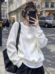 1pc Women's Solid Color Long Sleeve Crew Neck Pullover Sweatshirt, Fashion Street Style Casual Loose Versatile Top For Autumn/Winter - White - View 1