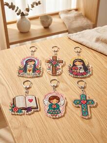 6pcs Christian Saint Rose Of Lima Religious Cute Aesthetic Acrylic Keychains, Rose Crown Praying Hands Lima Rosa Blue Floral Heart Cross Shaped Pendant, Backpack And Car Key Accessories, Gift For Catholics And Christian Faith Enthusiasts - Multicolor - View 6