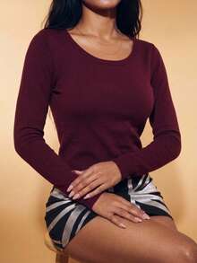 Women's Boat Neck Modal Soft Textured Top Body Knit Tops - Burgundy - View 2