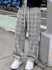 American Minimalist Patchwork Workwear Long Pants For Men, Multi-Pocket Loose Drape Drawstring Waist Commuter Casual Trousers - Grey - View 3
