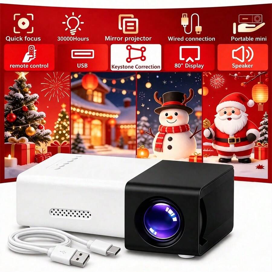 2026 Upgraded Mini Portable Projector, LCD Home Theater Projector, Built-In Speaker, Fast Focus, USB Powered, Compatible With Smartphones, Tablets, Laptops, TV Sticks, Suitable For Movies, Games, Presentations And Home Entertainment - Black and White - View 1