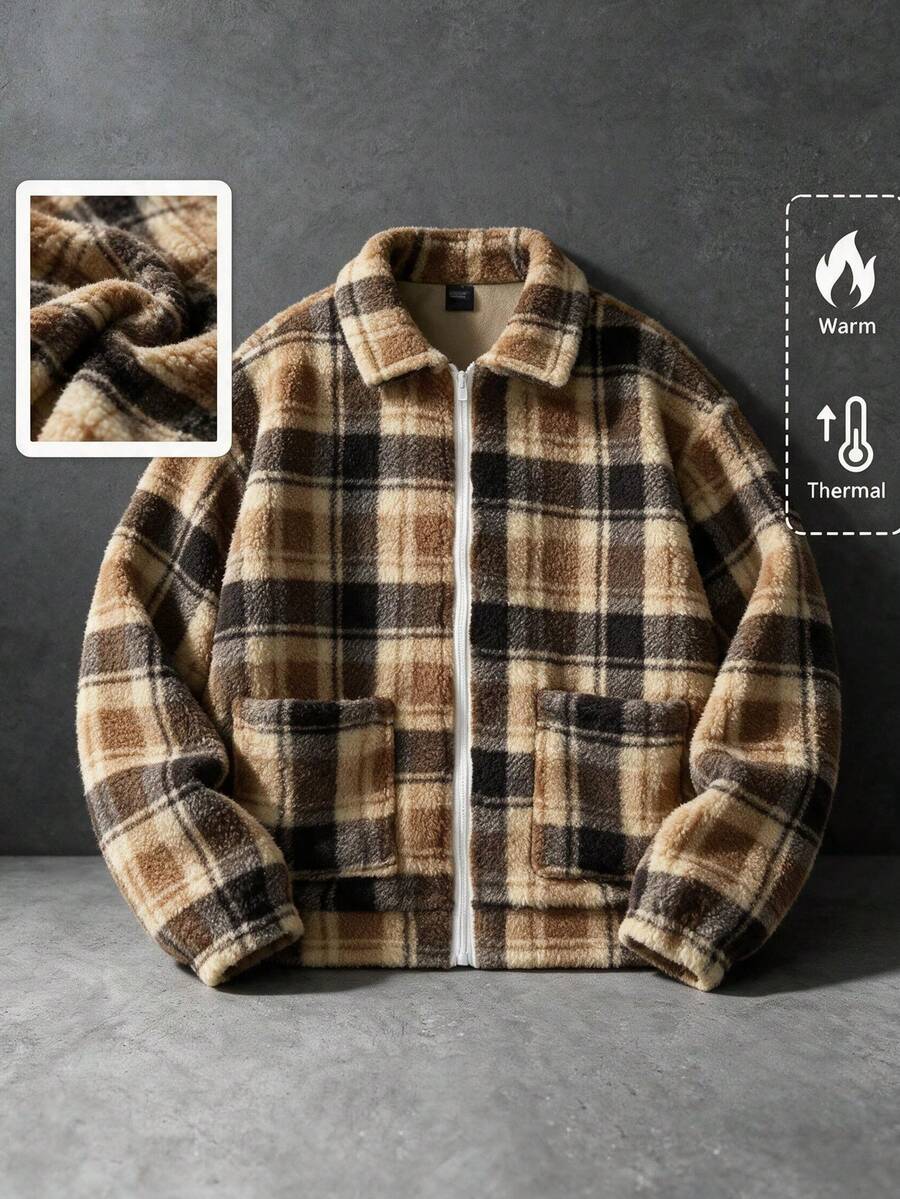 GOLDREDY Men's Casual Versatile Plaid Fleece Warm Comfortable Turn Collar Full Zip Sweatshirt, Autumn/Winter