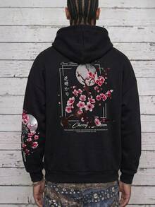 DAZY Men's Casual Fashion Street Plum Blossom Tree Slogan Print Kangaroo Pocket Drawstring Hoodie, Autumn/Winter - Black - View 3