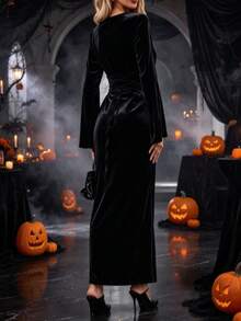 Halloween Costume Elegant Solid Color Velvet Long Sleeve Bodycon Maxi Dress, Drawstring Evening Gown For Wedding Guest, Halloween Fashion & Carnival - Black - View 9