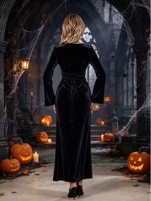Halloween Costume Elegant Solid Color Velvet Long Sleeve Bodycon Maxi Dress, Drawstring Evening Gown For Wedding Guest, Halloween Fashion & Carnival - Black - View 10