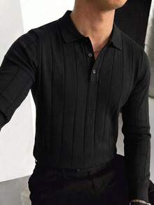 Men's Autumn/Winter Fashion Classic Ribbed Shoulder POLO Collar Long Sleeve Sweater - Black - View 3