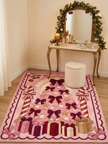 1PC Pink Bow Christmas Tree Pattern Decorative Carpet, Sweet Romantic Holiday Exquisite Faux Cashmere Rectangular Machine Washable Asymmetrical Rug, Suitable For Christmas/Entryway/Bathroom/Kitchen/Bedside/Winter Festive Atmosphere Home Decor - Multicolor - View 6