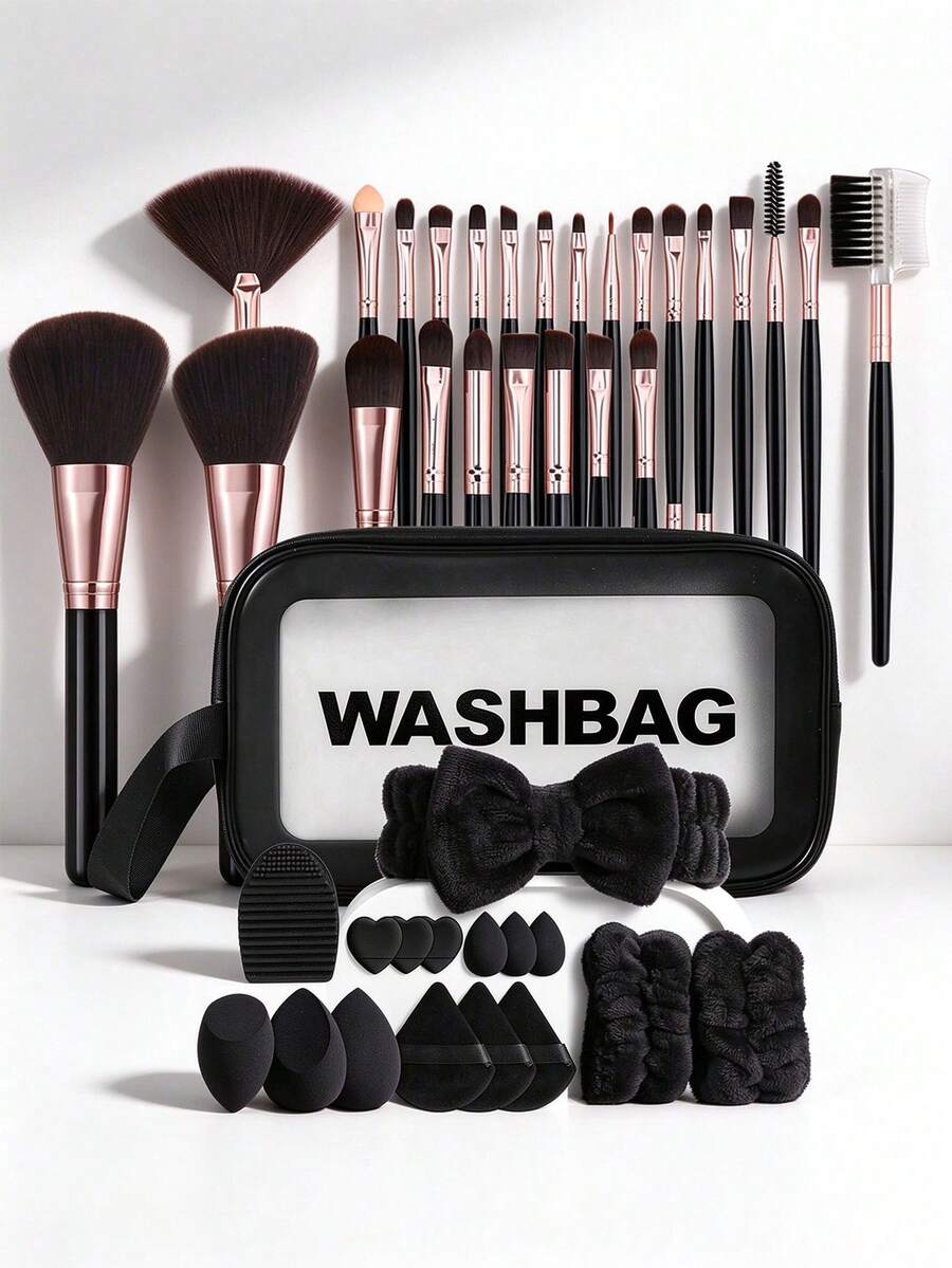 42Pcs All‑In‑One Makeup Tools Set,25Pcs Makeup Brushes,3Pcs Makeup Sponges,3Pcs Mini Makeup Sponges,3Pcs Heart Finger & Triangle Powder Puffs,1Pc Silicone Cleaning Mat,1Pc Black Bow Hairband,2Pcs Wrist Bands,1Pc Medium Black Transparent Washbag - Multicolor - View 1