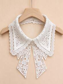 1pc White Water-Soluble Embroidered Bow Tie Collar Lace Hollow Out Blouse - White - View 6